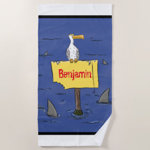 Grappig zee vogel omringd door cartoon van haaien strandlaken