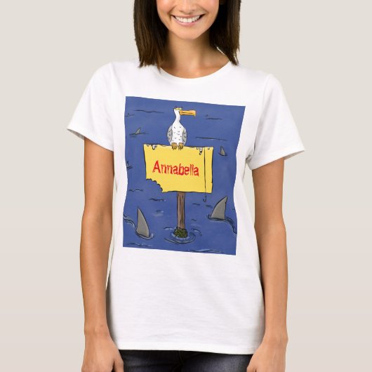 Grappig zee vogel omringd door cartoon van haaien t-shirt (Voorkant)