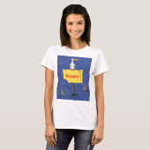 Grappig zee vogel omringd door cartoon van haaien t-shirt (Voorkant volledig)