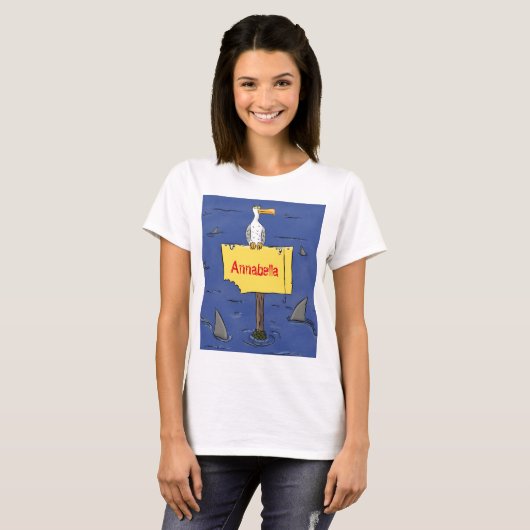 Grappig zee vogel omringd door cartoon van haaien t-shirt (Voorkant volledig)