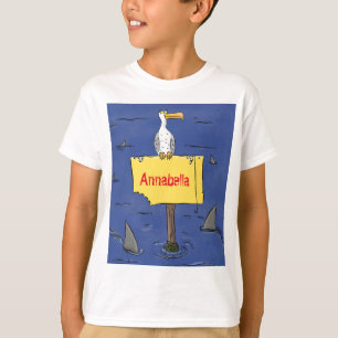 Grappig zee vogel omringd door cartoon van haaien t-shirt