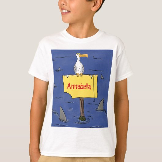 Grappig zee vogel omringd door cartoon van haaien t-shirt (Voorkant)