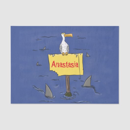 Grappig zee vogel omringd door cartoon van haaien tissuepapier (Voorkant)