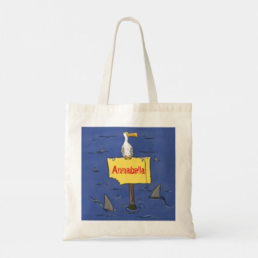 Grappig zee vogel omringd door cartoon van haaien tote bag (Achterkant)