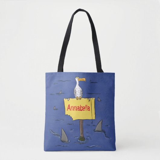 Grappig zee vogel omringd door cartoon van haaien tote bag (Voorkant)