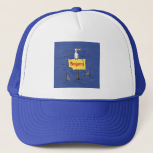 Grappig zee vogel omringd door cartoon van haaien trucker pet