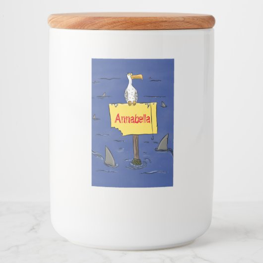 Grappig zee vogel omringd door cartoon van haaien voedselcontainer etiket (Voorkant)