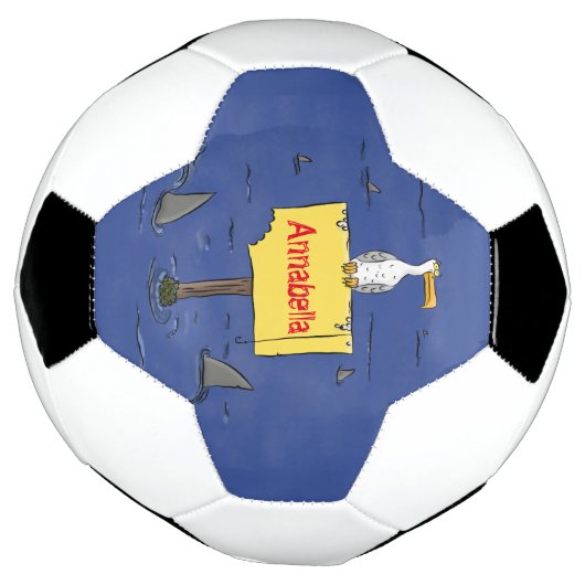 Grappig zee vogel omringd door cartoon van haaien voetbal (Gedraaid)