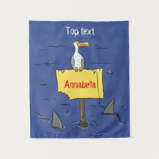 Grappig zee vogel omringd door cartoon van haaien wandkleed (Voorkant)