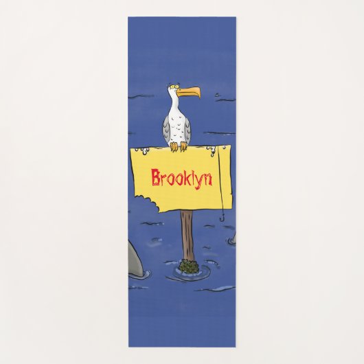 Grappig zee vogel omringd door cartoon van haaien yogamat (Voorkant)