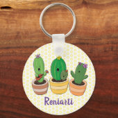 Grappig zingend groene cactus cartoon illustratie sleutelhanger (Voorkant)