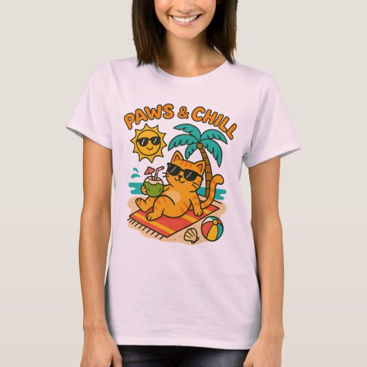 Grappig zomercat T-shirt – "Paws & Chill" (Voorkant)