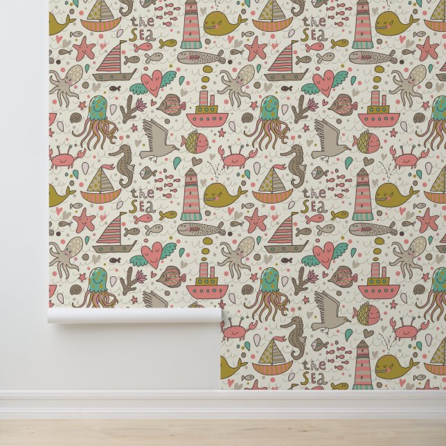 Grappig zomerpatroon met schepen behang (Applicatie)