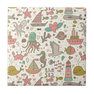 Grappig zomerpatroon met schepen tegeltje