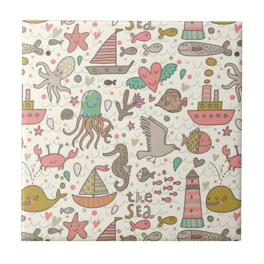 Grappig zomerpatroon met schepen tegeltje (Voorkant)