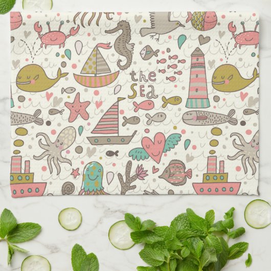 Grappig zomerpatroon met schepen theedoek (Gevouwen)
