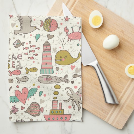 Grappig zomerpatroon met schepen theedoek (Quarter Fold)