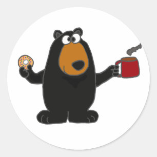 Grappig zwart Beer Eating Donut en Drink Coffee Ronde Sticker