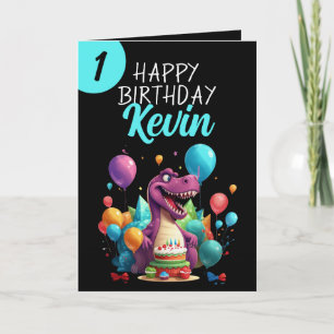 Grappig zwart en Blauwgroen Trex Boy 1e Verjaardag Kaart
