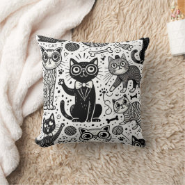 Grappig zwart en wit kattenpatroon kussen
