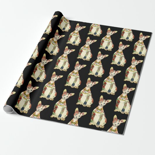 Grappig Zwart Gangster Sphynx Cat Cartoon Pattern Cadeaupapier (Uitgerold)