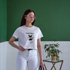 Grappig zwart gelukkig kat meowtines dag wit t-shirt