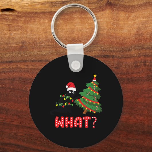 Grappig zwart kat dat kerstboom overspoelt boven k sleutelhanger (Voorkant)
