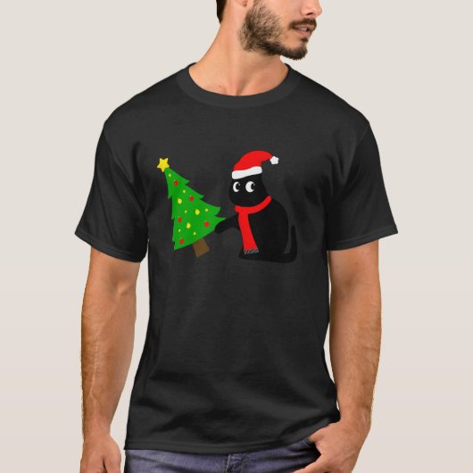 Grappig zwart kat dat kerstboom overspoelt boven k t-shirt (Voorkant)
