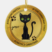 Grappig Zwart Kat Goud Kerst Keramisch Ornament (Voorkant)