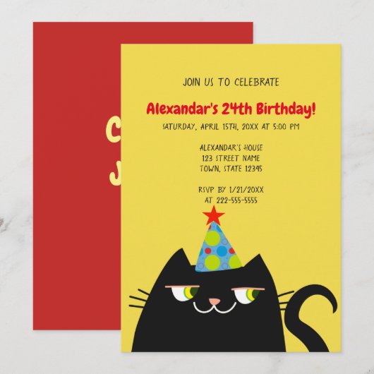 Grappig zwart kat verjaardagsfeestje kaart (Voorkant / Achterkant)