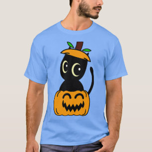 Grappig zwart kat zit in een pompoen t-shirt