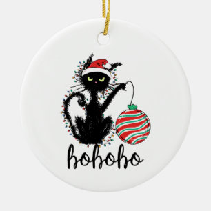 Grappig Zwart Kerstlicht Kat HoHoHo Keramisch Ornament