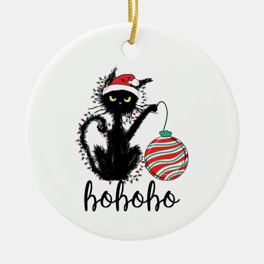 Grappig Zwart Kerstlicht Kat HoHoHo Keramisch Ornament (Voorkant)