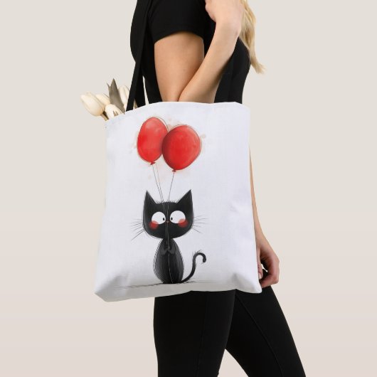 Grappig zwart kitten met rode ballonnen tote bag (Dichtbij)