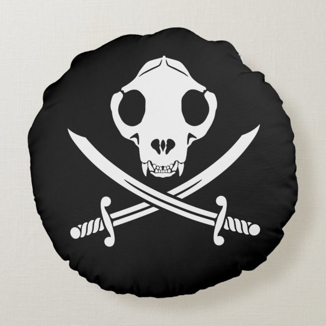 Grappig zwart wit jolly Kat piraat schedel Botten Rond Kussen (Achterkant)