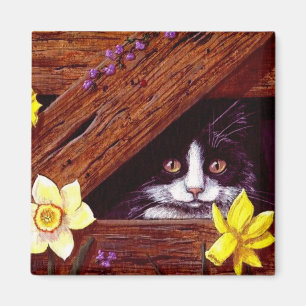Grappig zwart wit kat daffodils creationarts magneet