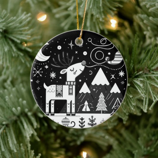 Grappig zwart-wit rendierpatroon keramisch ornament (Boom)