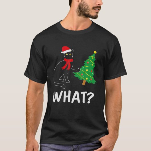 Grappig zwarte kerstboom boven kat wat t-shirt (Voorkant)
