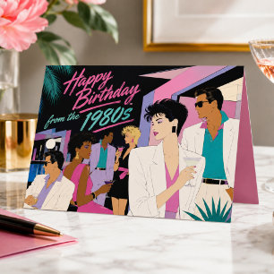 Grappige 1980s Retro Art Deco Neon Gelukkig Verjaa Kaart