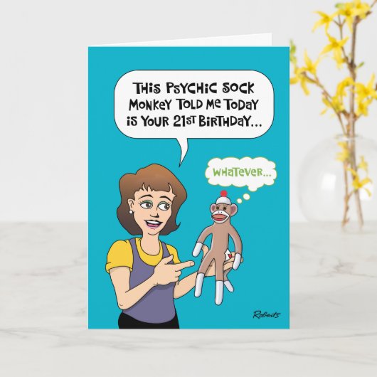 Grappige 21e verjaardag sok aap kaart (Gele Bloem)