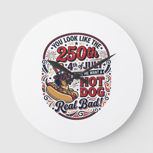 Grappige 250e 4 juli Hot Dog Dachshund Grote Klok (Voorkant)