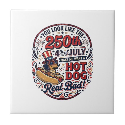 Grappige 250e 4 juli Hot Dog Dachshund Tegeltje (Voorkant)