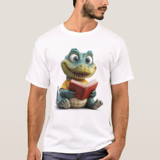 Grappige 3D Cartoon krokodil met een boek T-shirt