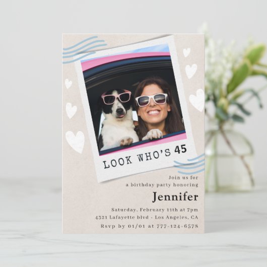 Grappige 45e verjaardag uitnodigingen Foto Kijk wi (Staand voorkant)