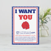 Grappige 4 juli, ik wil dat je naar mijn feest kom kaart (Staand voorkant)