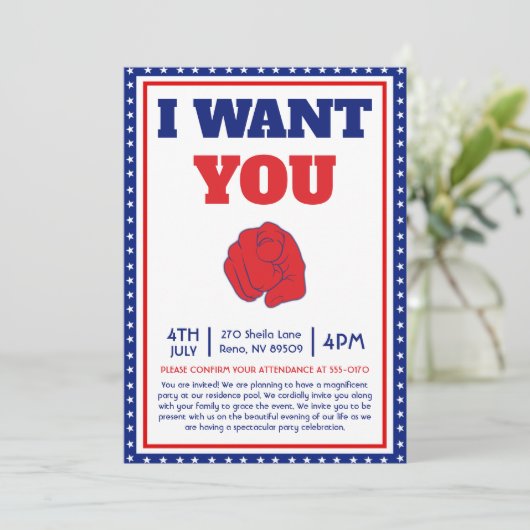 Grappige 4 juli ik wil dat je naar mijn feest komt kaart (Staand voorkant)