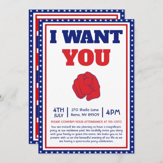 Grappige 4 juli ik wil dat je naar mijn feest komt kaart (Voorkant / Achterkant)