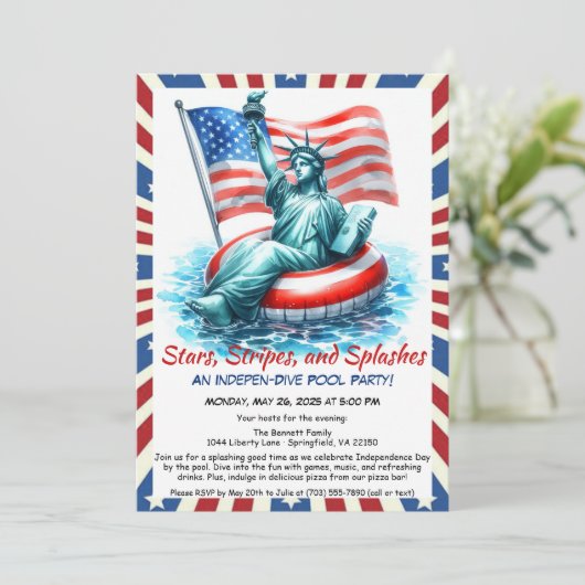 Grappige 4 juli Pool Party Uitnodiging (Staand voorkant)