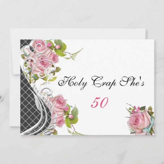 Grappige 50ste verjaardagsuitnodiging, roze rozen kaart (Voorkant)