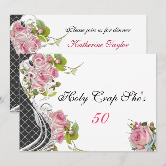 Grappige 50ste verjaardagsuitnodiging, roze rozen kaart (Voorkant / Achterkant)